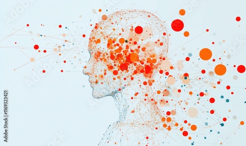 Abstract representation of human mind with colorful dots and lines illustrating thoughts and connections