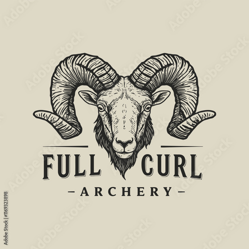 A hand drawn illustration of a rams head with large curled horns forms the logo for Full Curl Archery.