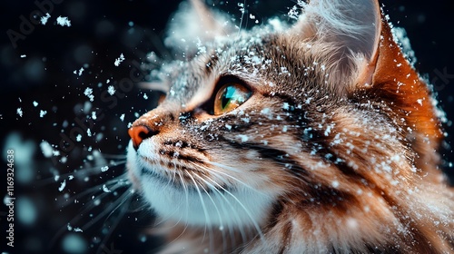 A curious feline its gaze transfixed by the enchantment of a snowy Christmas morning its elegant form poised gracefully amid a flurry of delicate snowflakes captured in a soft photo