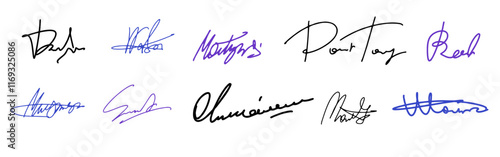 Set vector handwritten signature. Fake autograph in different handwriting. The document captures moments of creativity from various artists.