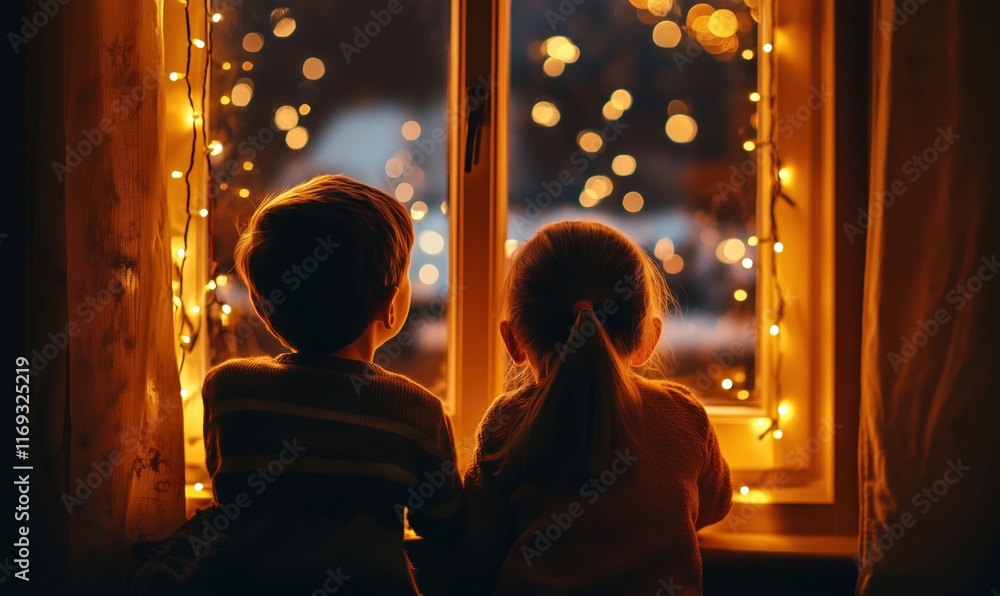 Children gazing out window adorned with warm fairy lights, capturing a cozy winter evening atmosphere Children gazing out window adorned with warm fairy lights, capturing a cozy winter evening atmosphere