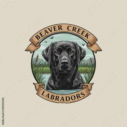 A vintage style illustration of a black Labrador Retriever in a serene Beaver Creek landscape.