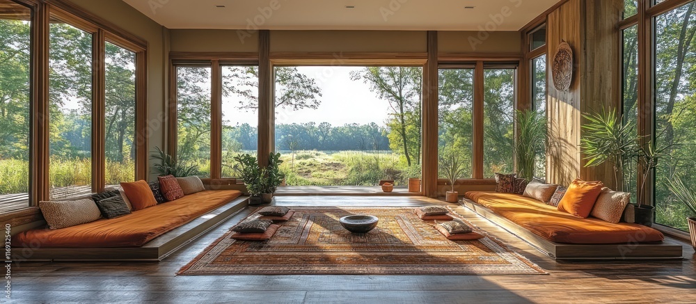 Serene sunlit room with floor seating, large windows offering scenic views, and wooden flooring. Serene sunlit room with floor seating, large windows offering scenic views, and wooden flooring.