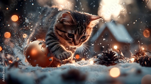 Playful tabby cat frolicking through a snowy pine forest on a cozy Christmas Eve surrounded by twinkling fairy lights glowing lanterns and festive ornaments in a whimsical nostalgic holiday scene photo