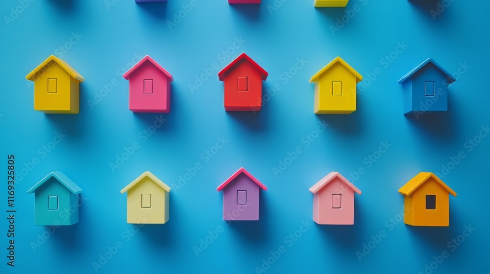 Colorful Miniature Houses Pattern on a Blue Background Colorful Miniature Houses Pattern on a Blue Background