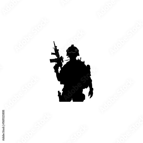 Army Force Soldier Military silhouette vector gun, black silhouette of modern soldier with rifle in white background, 