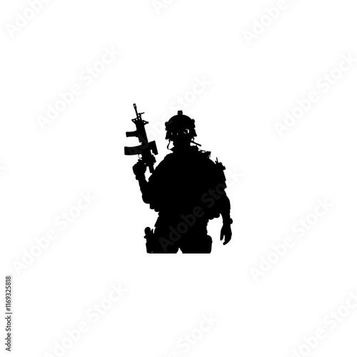 Army Force Soldier Military silhouette vector gun, black silhouette of modern soldier with rifle in white background, 