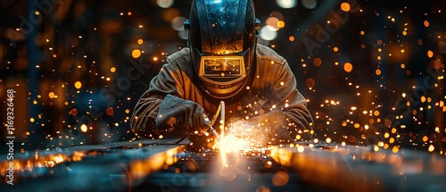 Welder with sparks flying, showcasing a skilled tradesperson working on a metal fabrication project wearing safety gear
