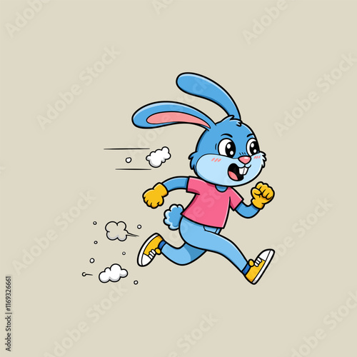 A cute blue cartoon rabbit is depicted running swiftly, showcasing energy and speed through its dynamic pose and motion lines.