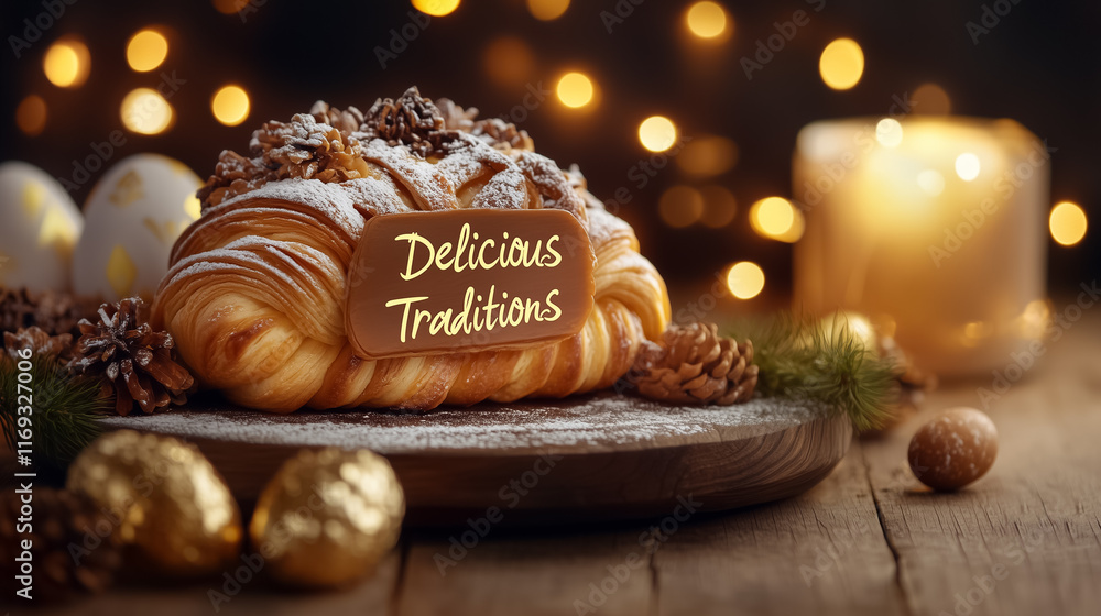 Artisan Easter pastries artfully arranged against a backdrop of twinkling lights evoke warmth and holiday joy Artisan Easter pastries artfully arranged against a backdrop of twinkling lights evoke warmth and holiday joy