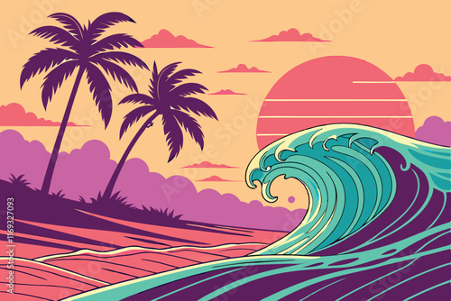 A vibrant tropical sunset with neon-inspired colors, blending electric pink, cyan, and orange hues. The waves glow with bioluminescent highlights, and palm trees are silhouetted against a glowing horn