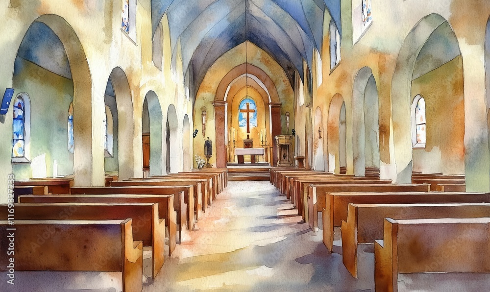 Fototapeta premium Serene Interior of Church with Wooden Benches, Stained Glass Windows, and Altar in Soft Watercolor Style