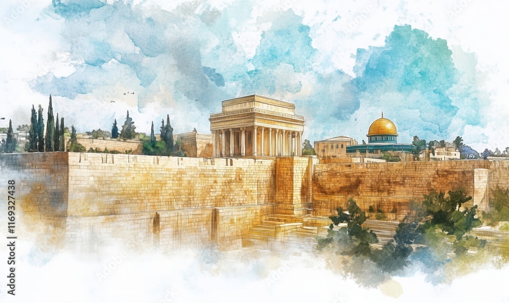Fototapeta premium Temple Mount Jerusalem with Dome of the Rock and Western Wall, watercolor painting, historical and religious significance