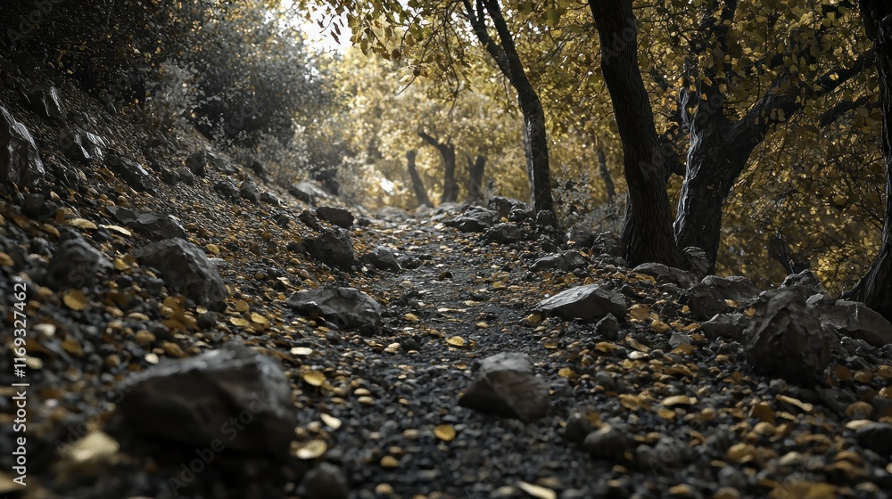 Serene forest path with autumn leaves and rocky terrain. Serene forest path with autumn leaves and rocky terrain.