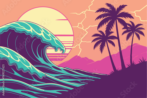 A vibrant tropical sunset with neon-inspired colors, blending electric pink, cyan, and orange hues. The waves glow with bioluminescent highlights, and palm trees are silhouetted against a glowing horn