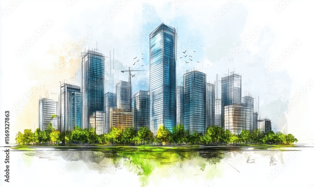 Modern city skyline illustration featuring skyscrapers, greenery, and artistic watercolor background Modern city skyline illustration featuring skyscrapers, greenery, and artistic watercolor background