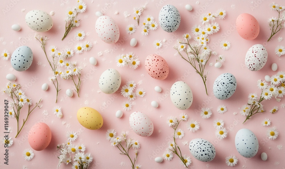 Colorful Easter eggs arranged with daisies on pink background, featuring speckled and solid colors, creating a festive spring atmosphere Colorful Easter eggs arranged with daisies on pink background, featuring speckled and solid colors, creating a festive spring atmosphere
