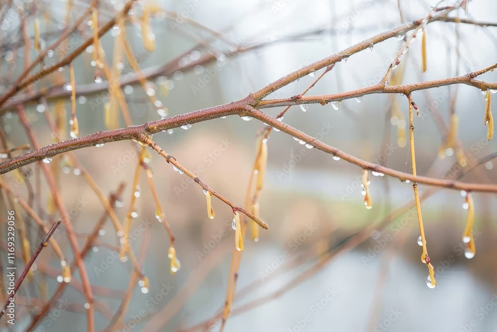 Close up of beautiful water droplets on a willow branch with a softly blurred backdrop Close up of beautiful water droplets on a willow branch with a softly blurred backdrop
