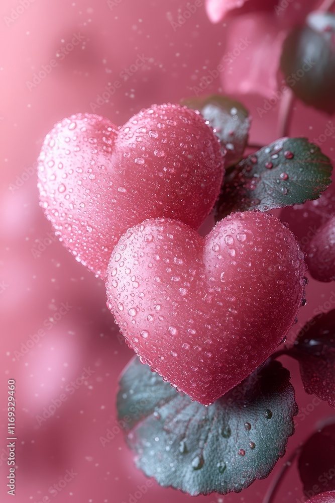 Obraz premium Two sparkling pink hearts on lush green leaves with a soft pink background and delicate raindrops