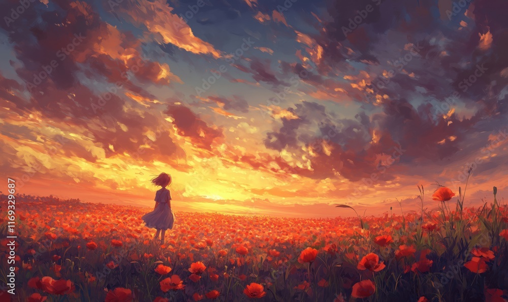 Fototapeta premium Sunset over Poppy Field with Girl in Dress, Vibrant Colors, Dreamy Atmosphere, Nature's Beauty, Serene Landscape