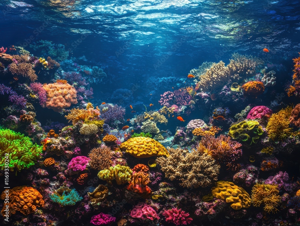 Fototapeta premium Vibrant marine life surrounding exotic coral reefs underwater scene nature tropical environment close-up view