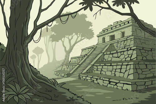 A wide shot of the ruins of a Mayan ballcourt, with the stone walls weathered and worn, surrounded by a dense, misty forest and the remnants of ceremonial structures