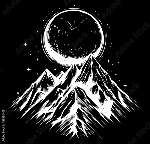 Berge Mond Zeichnung Illustration Berglandschaft Tattoo