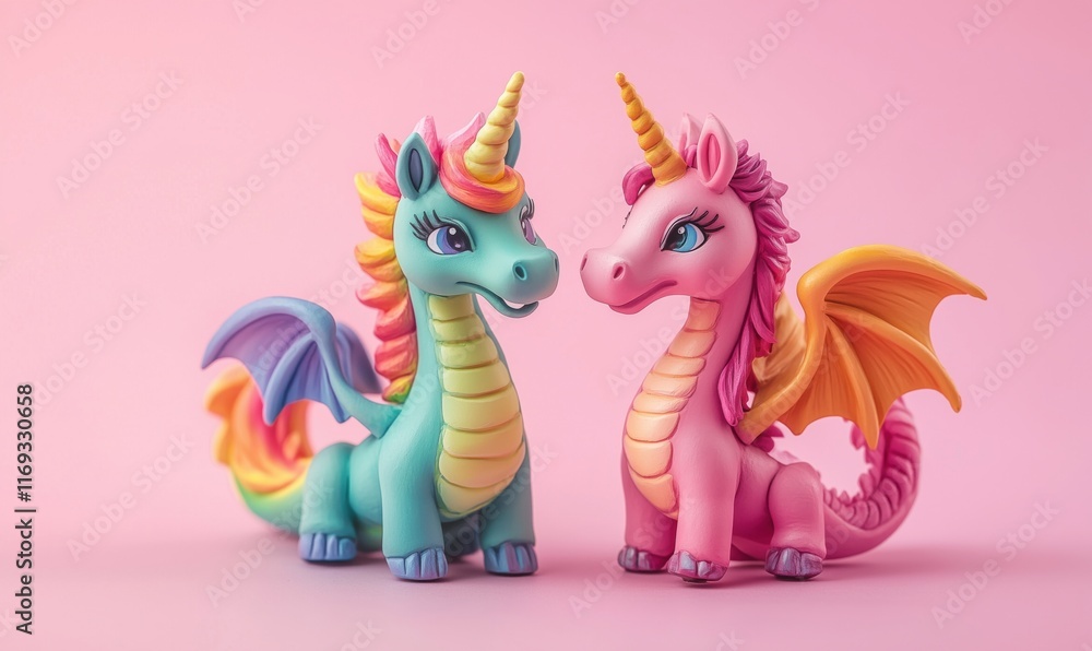 Obraz premium Colorful unicorn figurines with vibrant manes and wings, showcasing playful expressions against a soft pink background