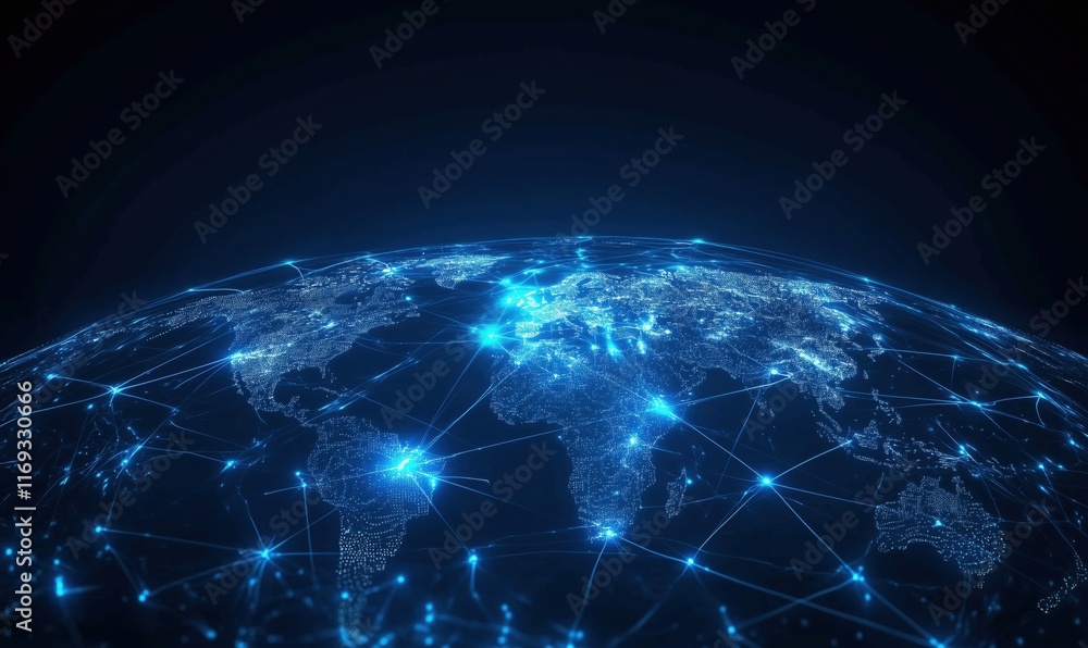 Obraz premium Global Network Connectivity Visualization with Bright Blue Lines and Points Representing Data Flow Across Continents