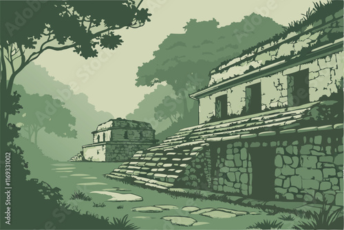 A wide shot of the ruins of a Mayan ballcourt, with the stone walls weathered and worn, surrounded by a dense, misty forest and the remnants of ceremonial structures