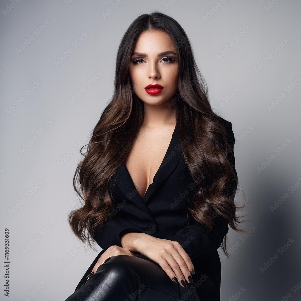 Naklejka premium beautiful dark haired Caucasian woman, long hair, dressed in black, AI generated