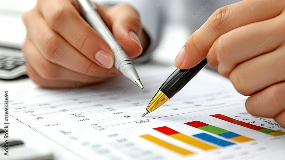 Close-up of hands analyzing financial data with pens. Ideal for business, finance, accounting, or investment-related websites and presentations. Close-up of hands analyzing financial data with pens. Ideal for business, finance, accounting, or investment-related websites and presentations.
