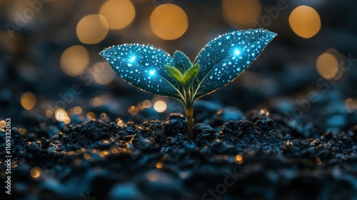 Glowing sprout in dark soil. photo