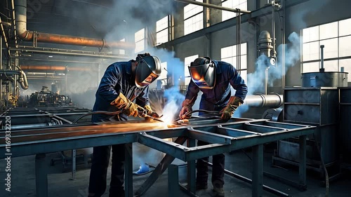 Industrial Welders Working Together in a Factory with Sparks Flying and Bright Light Illuminating the Workshop

 photo