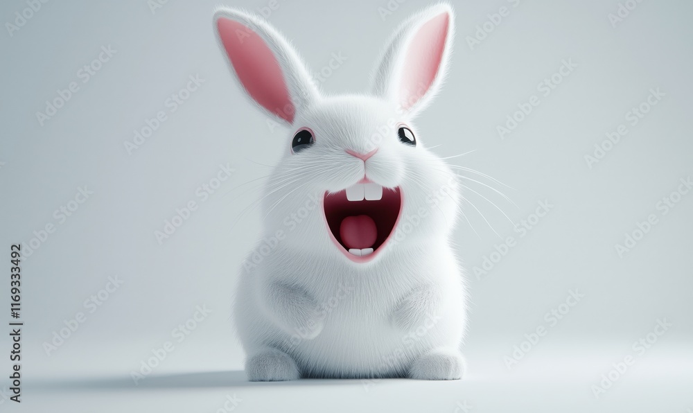 Cute white rabbit with big smile and open mouth, fluffy fur, bright eyes, cartoonish style, joyful expression, minimalistic background Cute white rabbit with big smile and open mouth, fluffy fur, bright eyes, cartoonish style, joyful expression, minimalistic background