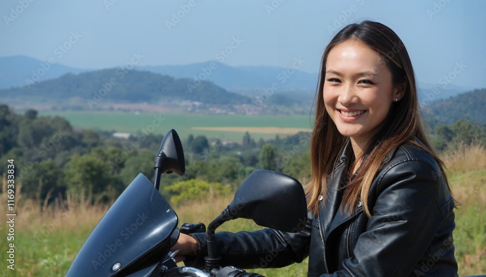 A smiling Asian woman in a leather jacket rides a motorcycle on a scenic mountain road with lush greenery. A smiling Asian woman in a leather jacket rides a motorcycle on a scenic mountain road with lush greenery.