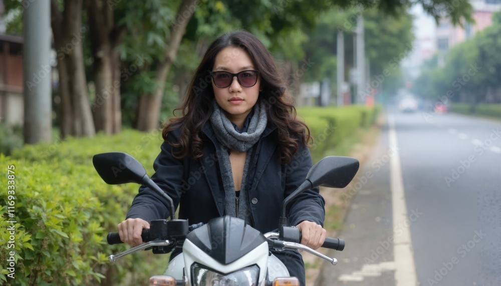 A woman with long dark hair, wearing sunglasses and a dark coat, rides a motorcycle on a quiet street. A woman with long dark hair, wearing sunglasses and a dark coat, rides a motorcycle on a quiet street.