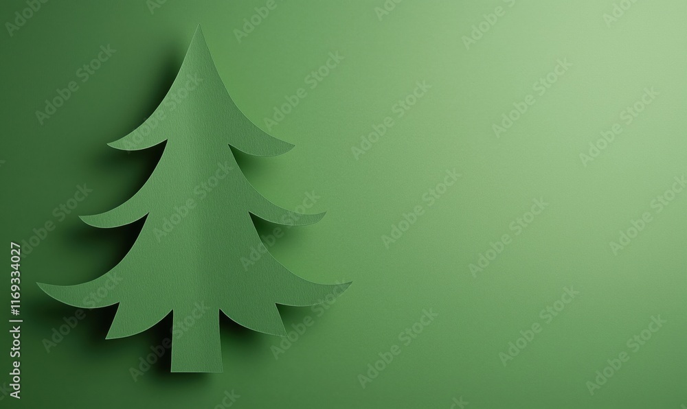 Green paper Christmas tree silhouette on textured green background, minimalist holiday decoration concept Green paper Christmas tree silhouette on textured green background, minimalist holiday decoration concept