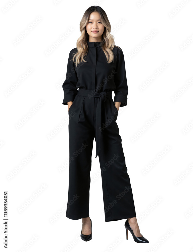 Asian woman with shoulder-length hair, wearing a black blouse and pants, and black ankle boots, standing confidently. Asian woman with shoulder-length hair, wearing a black blouse and pants, and black ankle boots, standing confidently.