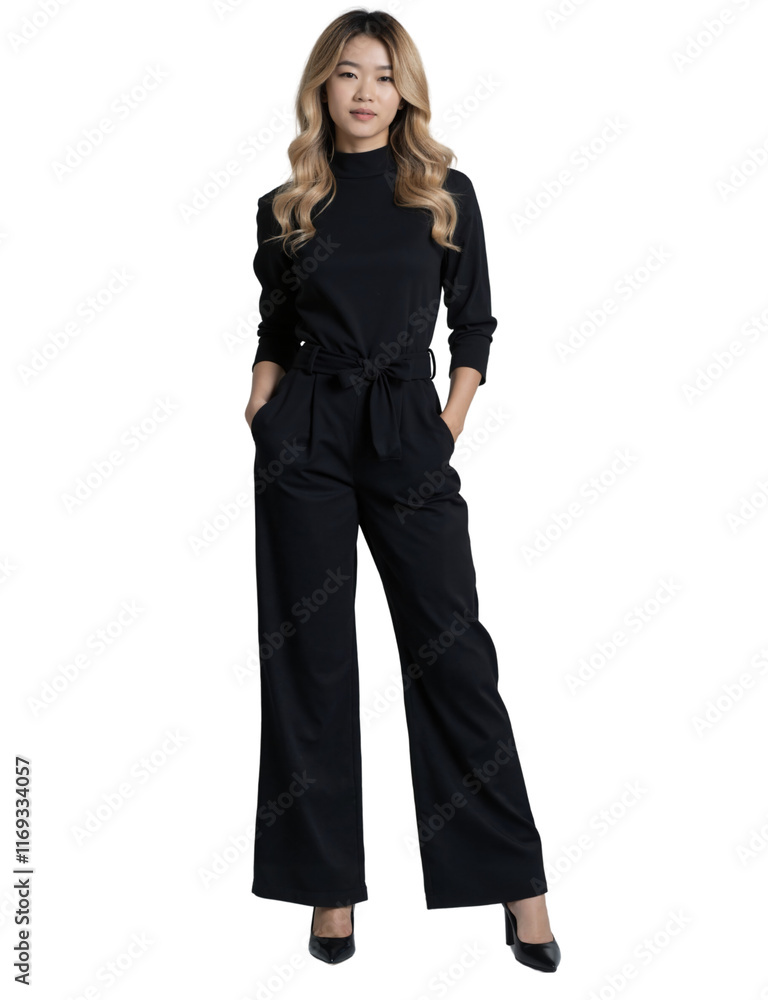 Asian woman with shoulder-length hair, wearing a black blouse and pants, and black ankle boots, standing confidently. Asian woman with shoulder-length hair, wearing a black blouse and pants, and black ankle boots, standing confidently.