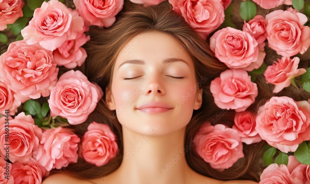 Woman with serene expression surrounded by pink roses, showcasing beauty and tranquility in a floral setting Woman with serene expression surrounded by pink roses, showcasing beauty and tranquility in a floral setting