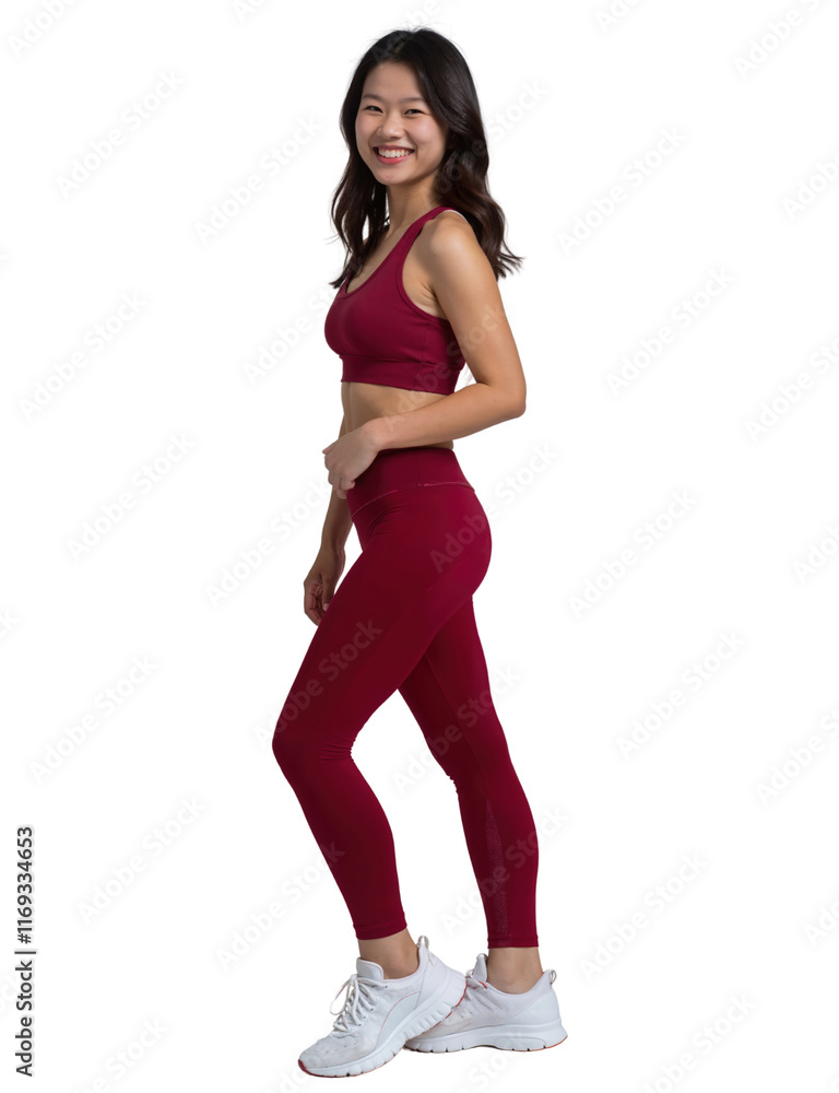 A smiling Asian woman with shoulder-length dark hair, wearing a maroon sports bra and matching leggings, stands against a white background. A smiling Asian woman with shoulder-length dark hair, wearing a maroon sports bra and matching leggings, stands against a white background.