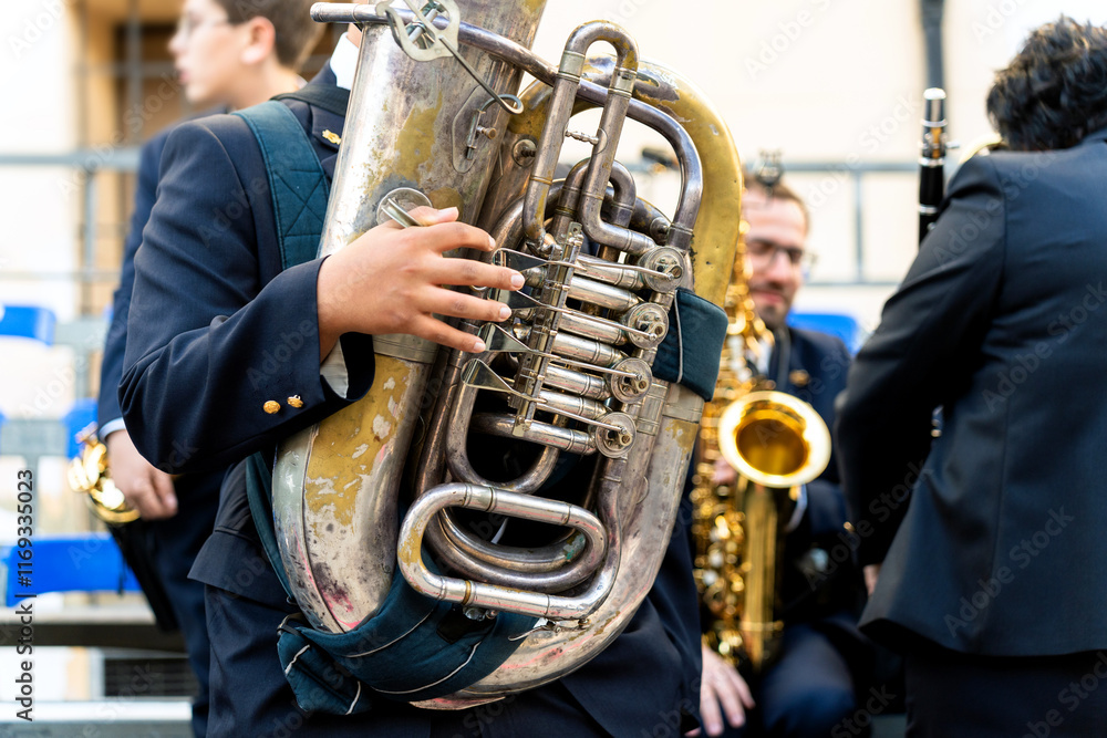 Fototapeta premium Band musicians with their instruments on the street. Typical music bands in Spain.