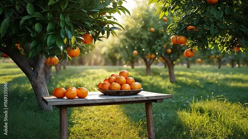 Fresh Oranges in a Wooden Bowl on a Rustic Table Amidst a Vibrant Orchard Bathed in Warm Sunlight

 photo