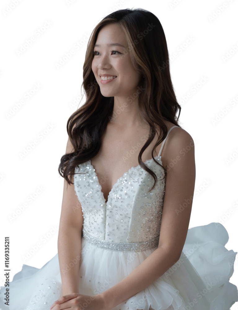 A young Asian woman with long wavy hair, wearing a white lace wedding dress, smiles against a light background. A young Asian woman with long wavy hair, wearing a white lace wedding dress, smiles against a light background.