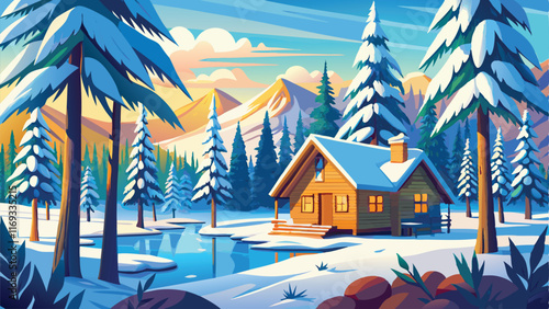 Tall pine trees blanketed in snow surrounding the cabin and lake