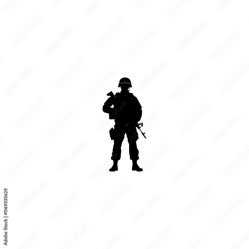 American military standing with gun in hand vector silhouette isolated white background, American military standing with gun in hand vector silhouette isolated white background,