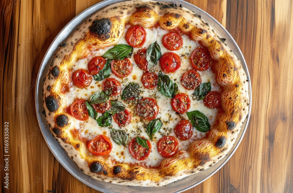 Delicious Traditional Margherita Pizza with Fresh Basil and Cherry Tomatoes on a Rustic Wooden Table, Perfect for Food Lovers and Culinary Enthusiasts Delicious Traditional Margherita Pizza with Fresh Basil and Cherry Tomatoes on a Rustic Wooden Table, Perfect for Food Lovers and Culinary Enthusiasts