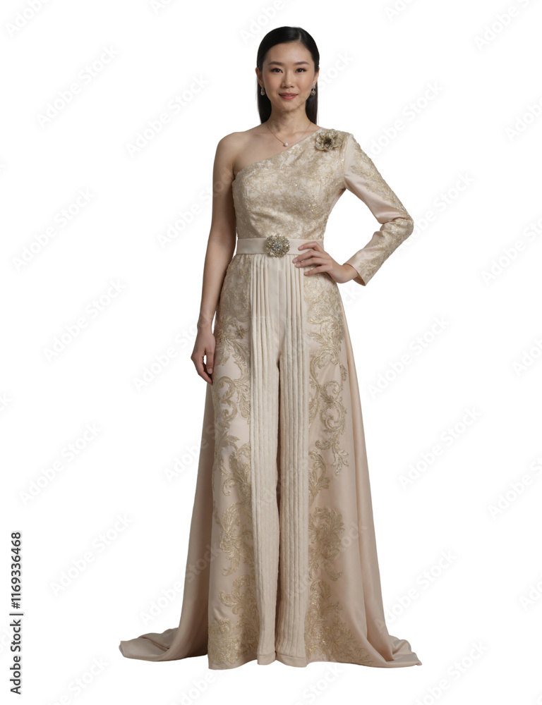 A woman in a strapless, lace, white gown with multiple layers, posing against a neutral background. A woman in a strapless, lace, white gown with multiple layers, posing against a neutral background.