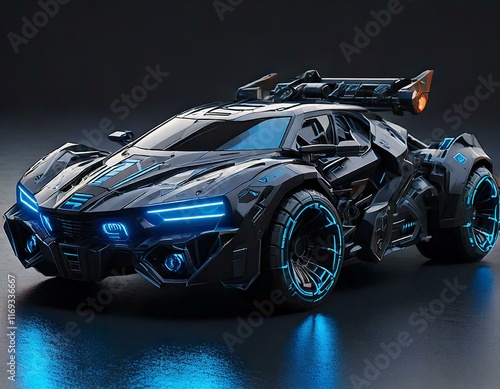 a futuristic car with glowing blue lights on black background